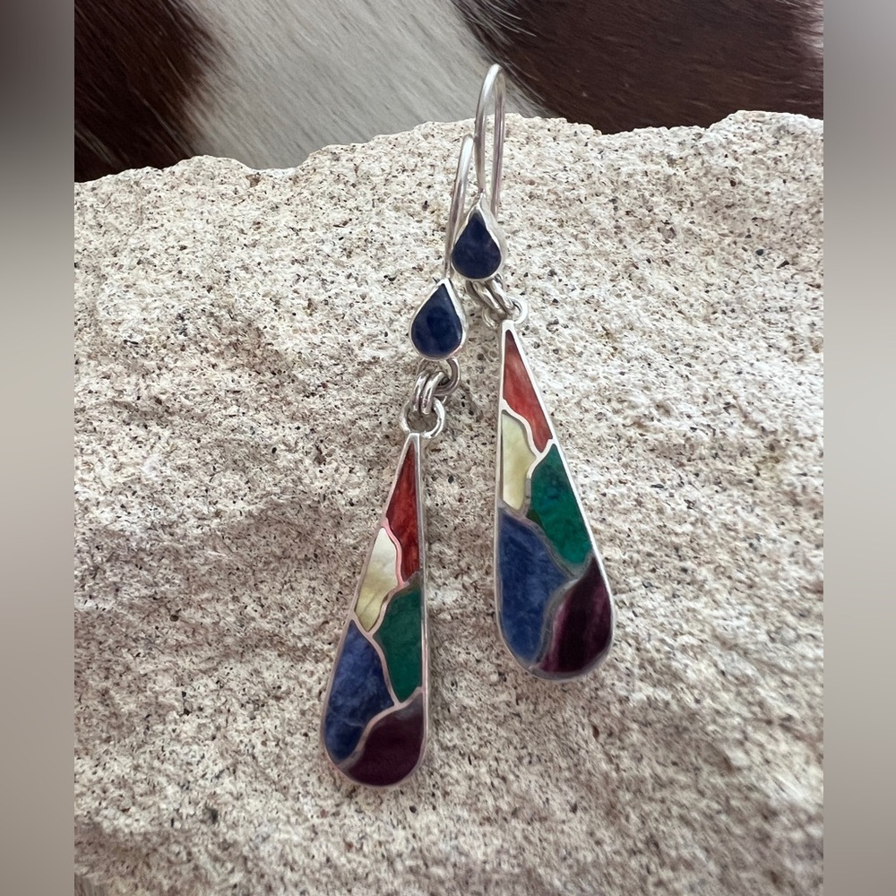 ❤️ WOW Peruvian Inca Inlaid Turquoise Spiny MOP Lapis Dangle 950 Silver Earrings